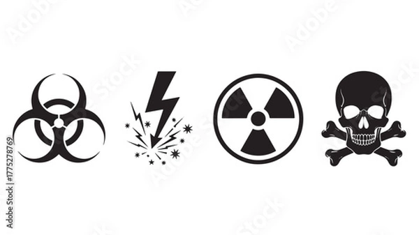 Fototapeta Dangerous symbols collection biohazard electricity radiation and skull silhouette on transparent background
