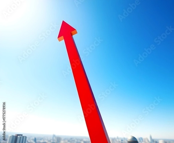 Fototapeta Red Upward Arrow Symbolizing Growth and Success Over City Skyline : business,  progress, achievement, finance, chart, graph