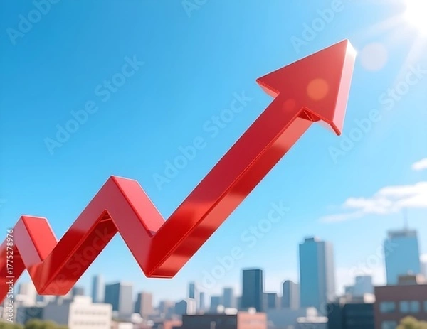 Fototapeta Red Upward Arrow Symbolizing Growth and Success Over City Skyline : business,  progress, achievement, finance, chart, graph