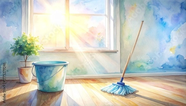 Fototapeta Mop and bucket with houseplant in a sunlit window creating a refreshing atmosphere for home cleaning