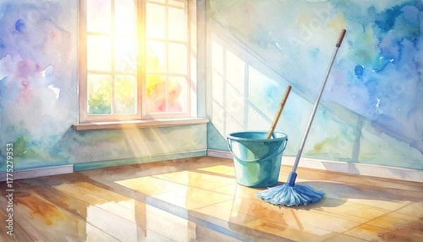 Fototapeta Mop and bucket with houseplant in a sunlit window creating a refreshing atmosphere for home cleaning
