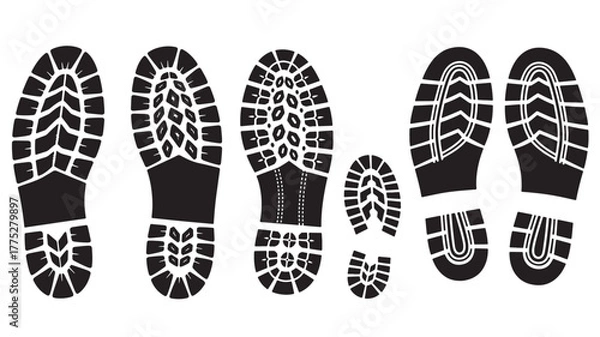 Fototapeta Collection of diverse shoe sole prints graphic element on transparent background silhouette