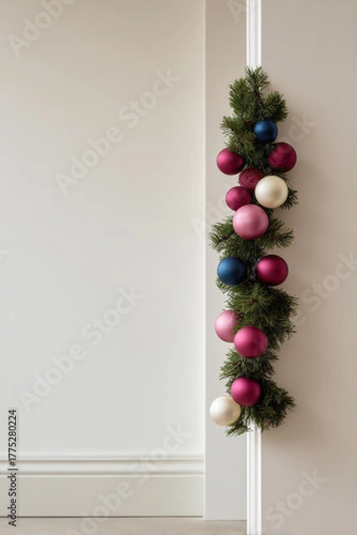 Fototapeta beautifully arranged christmas garland adorned with colorful ornaments rests against pristine white wall