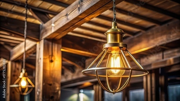 Fototapeta Golden light fixture hanging from dark wooden beam
