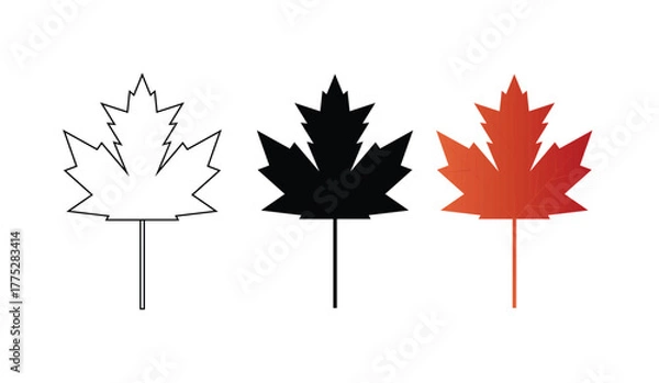 Fototapeta Maple Leaf Evolution: A stylized depiction of a maple leaf in three different phases—outline, solid black, and gradient red—showcasing a modern minimalist design, perfect for concepts like growth.