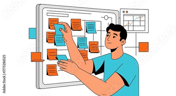 Fototapeta Business Analyst Organizes Ideas on Digital Workspace Interface for Project Planning