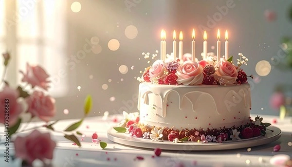 Fototapeta Photo-realistic birthday cake with beautiful white cream and pink rose decoration, featuring magical light and bokeh effects