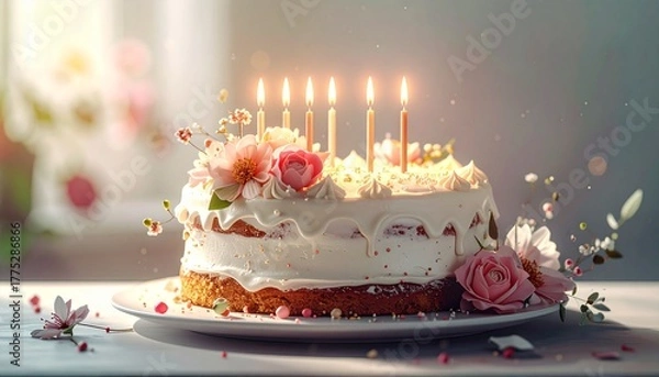 Fototapeta Photo-realistic birthday cake with beautiful white cream and pink rose decoration, featuring magical light and bokeh effects