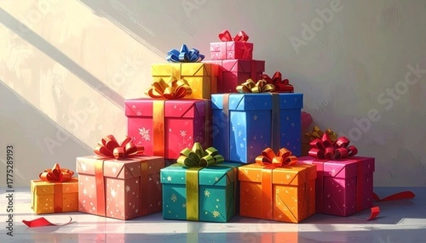 Fototapeta A towering pile of gift boxes with ribbons, celebrating a cheerful and festive party or special anniversary occasion