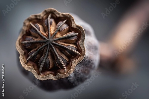 Fototapeta A top view of an opium poppy seed pod cross-section, revealing symmetrical seeds and intricate textures for botanical science, educational materials, and nature-themed design projects.