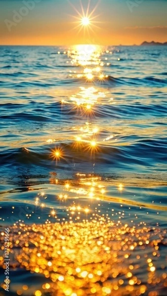 Obraz Warm sunlight creates a dazzling display of sparkles on the calm ocean surface as glittering waves kiss the shore
