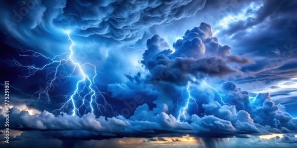 Fototapeta Dramatic Blue Sky with Stormy Clouds and Lightning Background