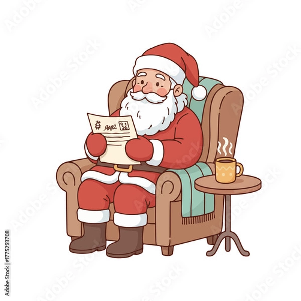 Obraz Santa Claus reading letters with hot cocoa in cozy armchair illustration