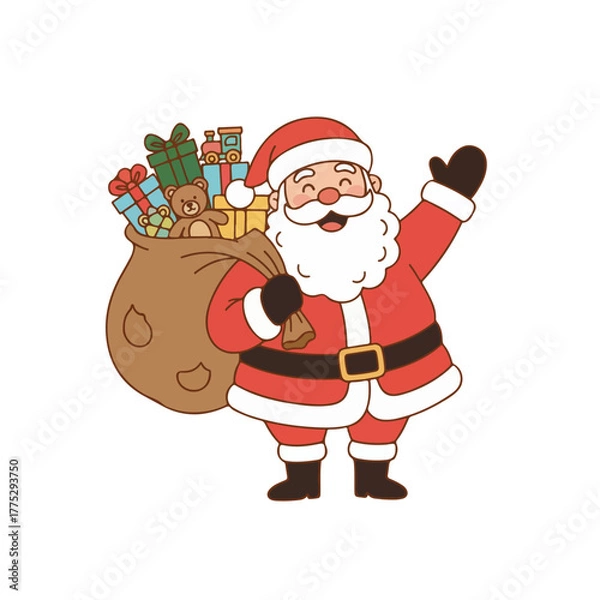 Obraz Cheerful Santa Claus waving with a sack full of toys and presents