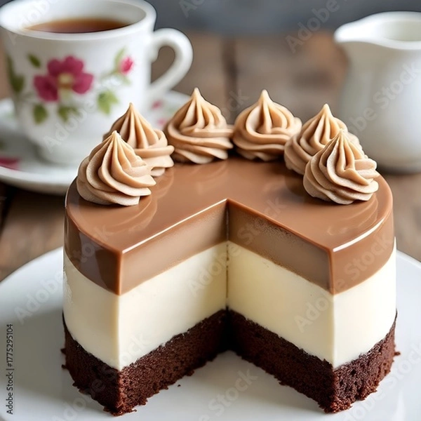 Obraz A luxurious Dalgona coffee mousse cake with white chocolate mousse presented on a round white plate