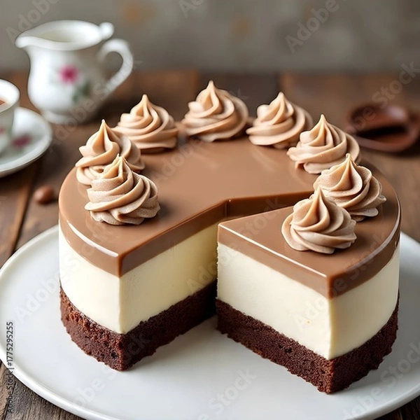 Obraz A luxurious Dalgona coffee mousse cake with white chocolate mousse presented on a round white plate