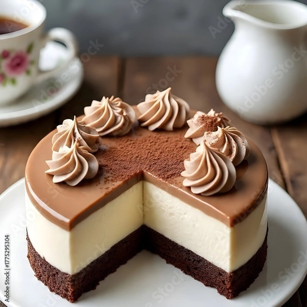 Obraz A luxurious Dalgona coffee mousse cake with white chocolate mousse presented on a round white plate