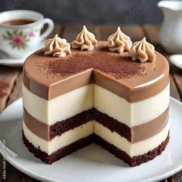 Obraz A luxurious Dalgona coffee mousse cake with white chocolate mousse presented on a round white plate