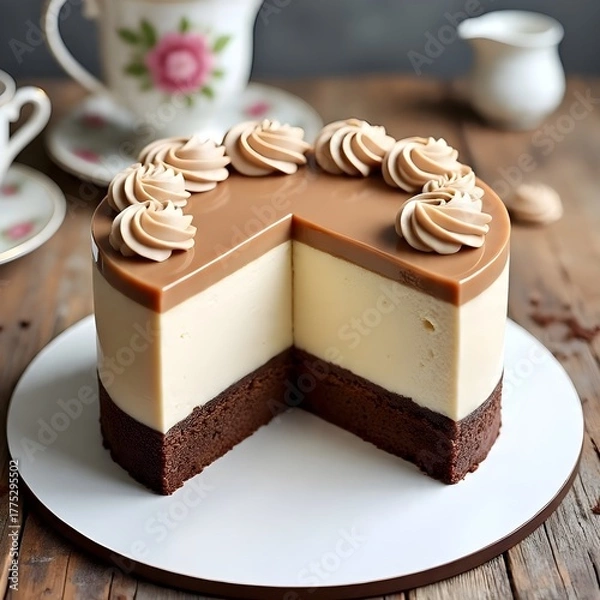 Obraz A luxurious Dalgona coffee mousse cake with white chocolate mousse presented on a round white plate