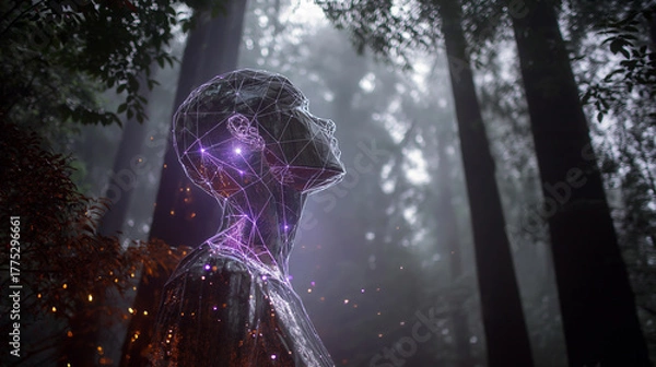Obraz ai hologram merging with forest canopy, representing harmony between tech and ecology