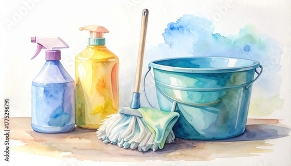 Fototapeta Watercolor painting Still life of neatly arranged minimalist cleaning tools including a bucket, mop, spray bottle, and rags