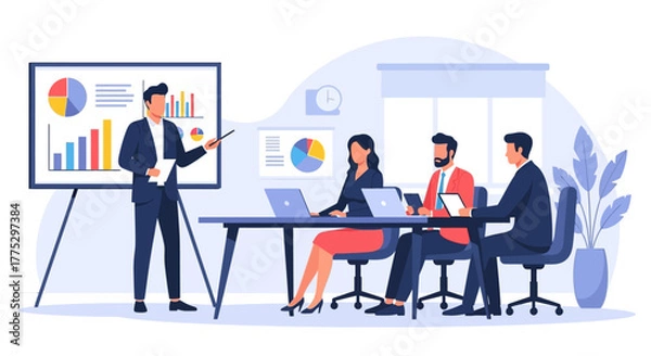 Fototapeta Businessman leading a corporate presentation, explaining data analysis charts and graphs to his colleagues in a meeting.