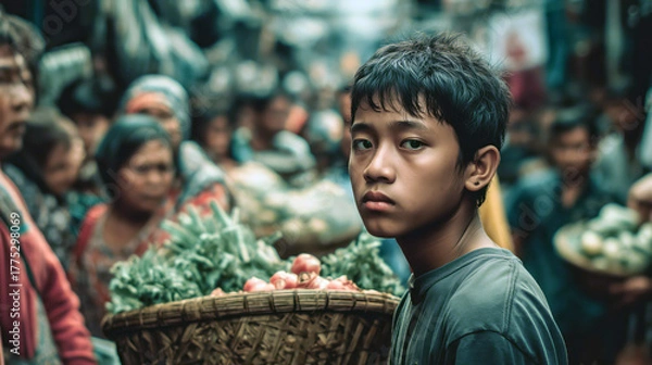 Fototapeta Young Indonesian man carrying a basket of vegetables through a busy local market, showing hard work, determination and daily livelihood concept