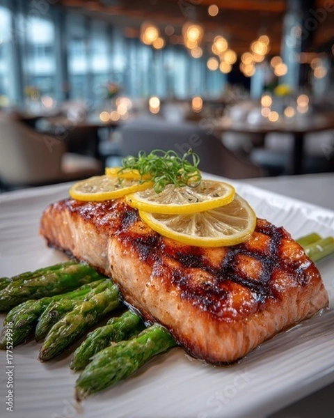 Fototapeta Grilled Salmon Fillet With Lemon Asparagus on a Plate