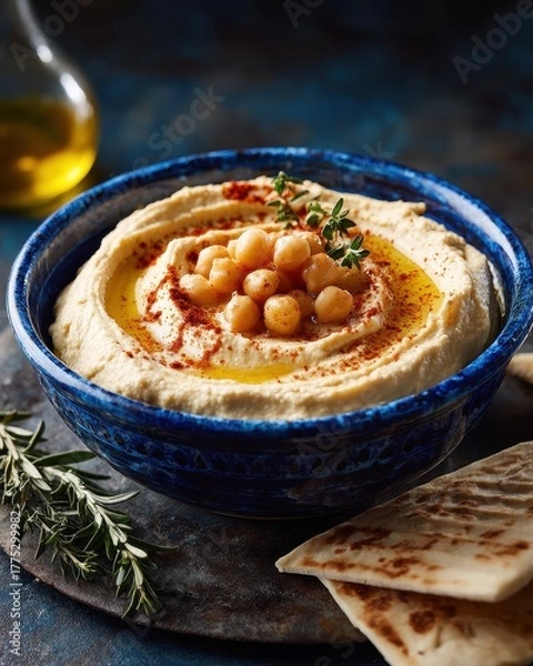 Fototapeta Close up of hummus in a blue bowl with garnishes