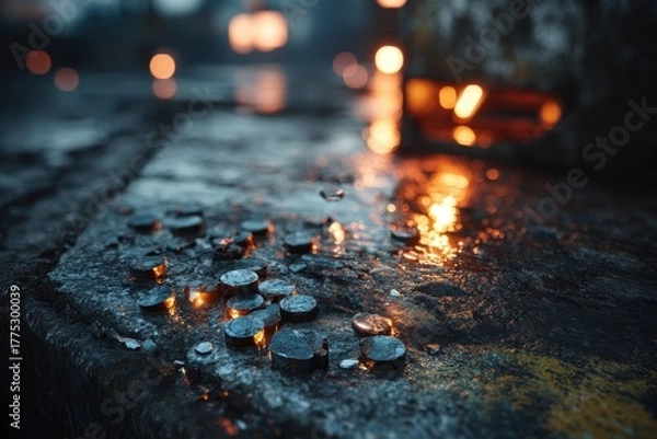 Obraz Grungy oil stained concrete floor with scattered metal pieces