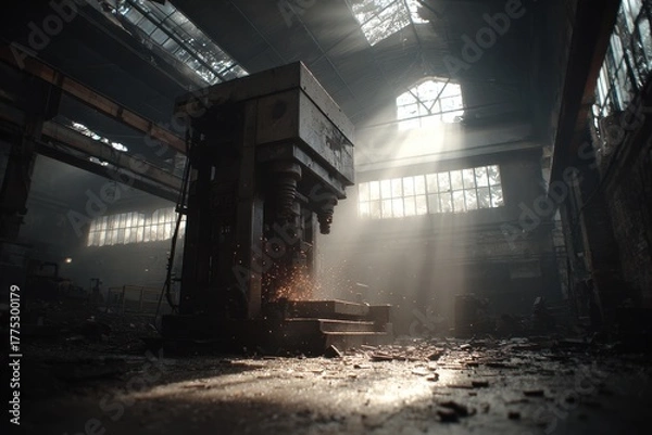 Fototapeta Industrial hydraulic press crushing metal in a dim factory