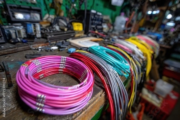Fototapeta Close up of colorful electrical wires and wiring harness