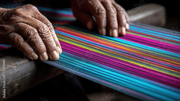 Fototapeta Close-up of Laotian artisan weaving colorful fabric, showing detail of hands and threads, representing precision, patience and tradition concept