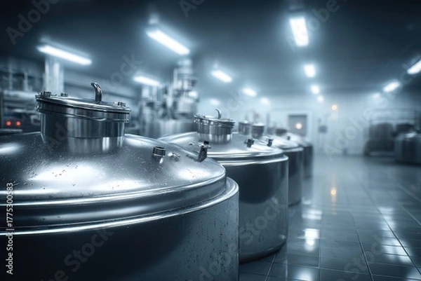 Obraz A row of stainless steel vats inside a food processing plant