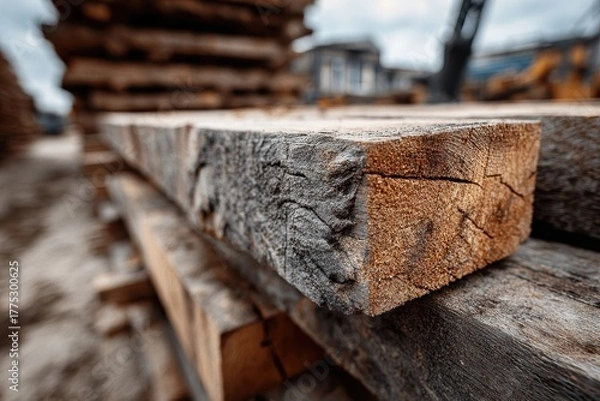 Obraz Close up of rough cut lumber stacked in an outdoor yard