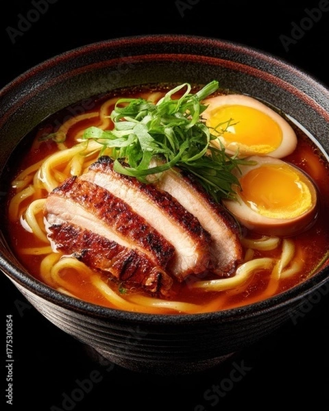 Fototapeta Close up photo of steaming bowl of delicious ramen noodles