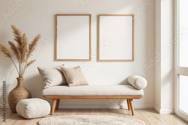 Fototapeta Interior of living room with soft bench, poufs and blank frames.