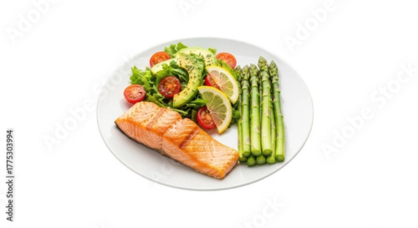 Fototapeta Grilled salmon fillet with asparagus and salad isolated on transparent background