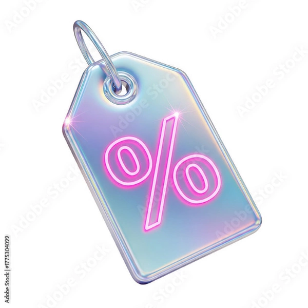 Fototapeta Iridescent tag with a glowing pink percentage sign isolated on transparent background