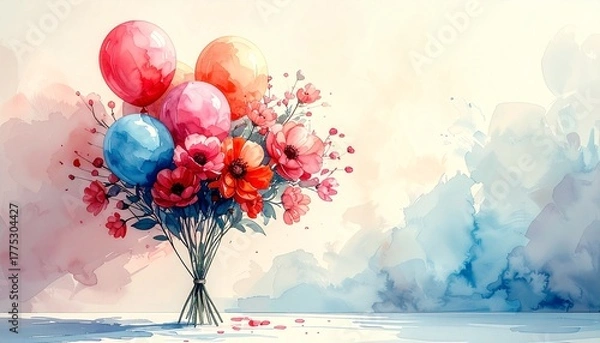 Fototapeta Watercolor painting  A balloon and flower bouquet floating against a soft, gentle pastel-toned sky background