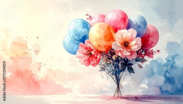 Fototapeta Watercolor painting  A balloon and flower bouquet floating against a soft, gentle pastel-toned sky background