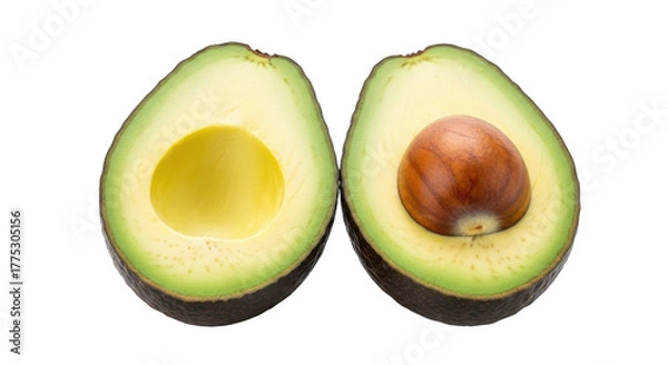 Fototapeta Two avocado halves, one with pit, isolated on transparent background, closeup view