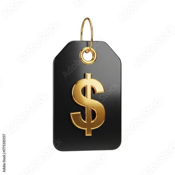 Fototapeta Black price tag with golden dollar sign isolated on transparent background