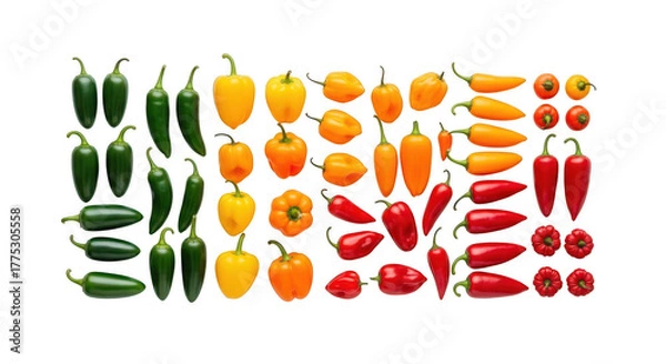 Obraz Colorful variety of peppers isolated on transparent background arranged by color