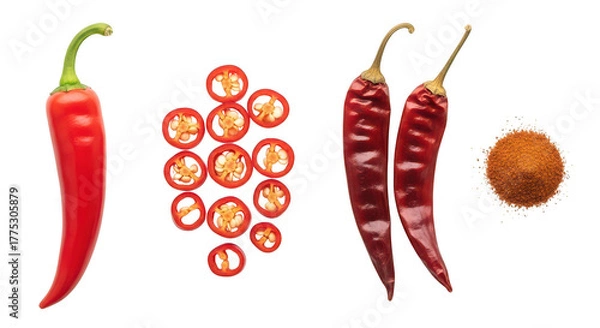 Fototapeta Red chili peppers in various forms isolated on transparent background