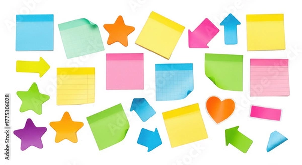 Fototapeta Collection of colorful sticky notes in various shapes isolated on transparent background