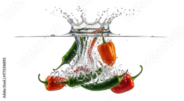 Fototapeta Colorful peppers falling into water isolated on transparent background, creating splash