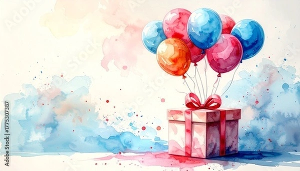 Fototapeta An image illustration of a surprise overflowing with joy and happiness, featuring a box and balloons drifting in the air