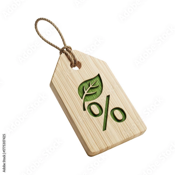 Fototapeta Wooden tag with a leaf and percentage sign isolated on transparent background