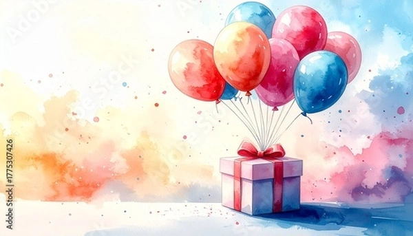 Fototapeta An image illustration of a surprise overflowing with joy and happiness, featuring a box and balloons drifting in the air